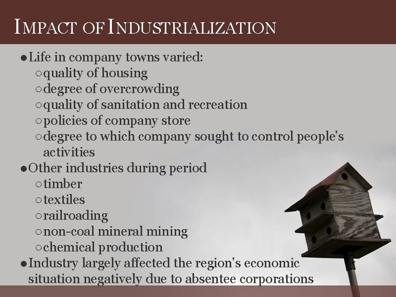 IMPACT OF INDUSTRIALIZATION ● Life in company towns varied: ○ quality of housing ○