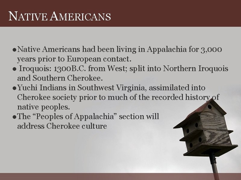 NATIVE AMERICANS ● Native Americans had been living in Appalachia for 3, 000 years