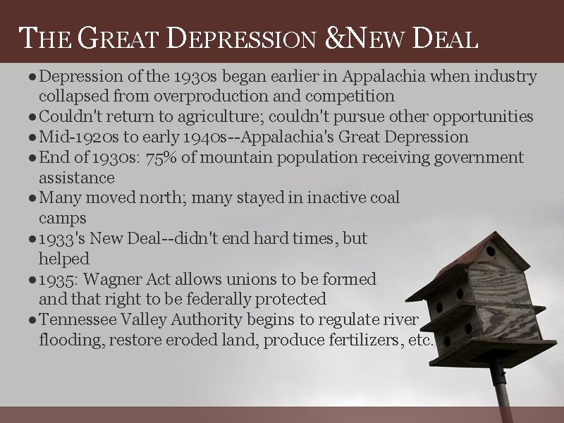 THE GREAT DEPRESSION &NEW DEAL ●Depression of the 1930 s began earlier in Appalachia