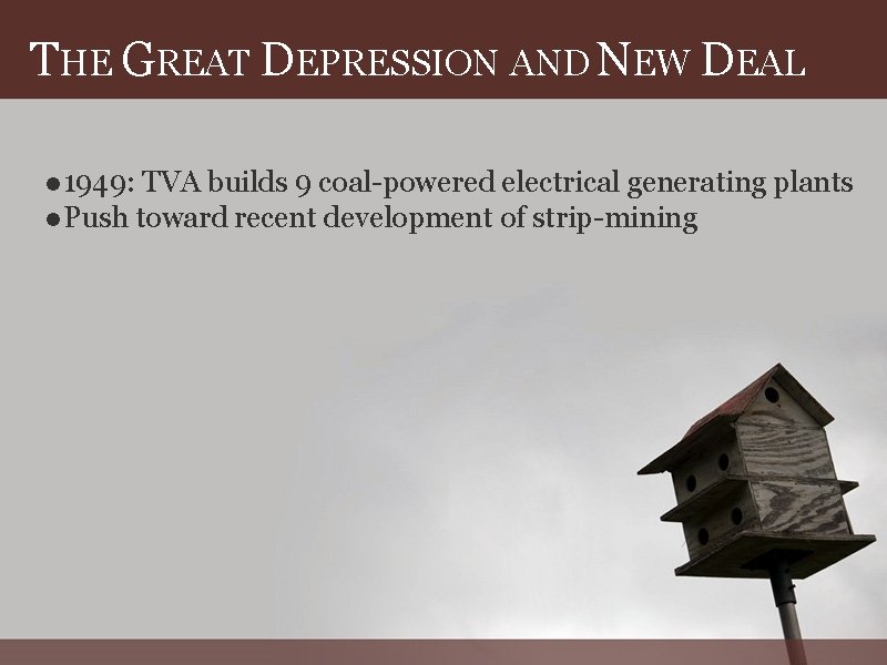 THE GREAT DEPRESSION AND NEW DEAL ● 1949: TVA builds 9 coal-powered electrical generating