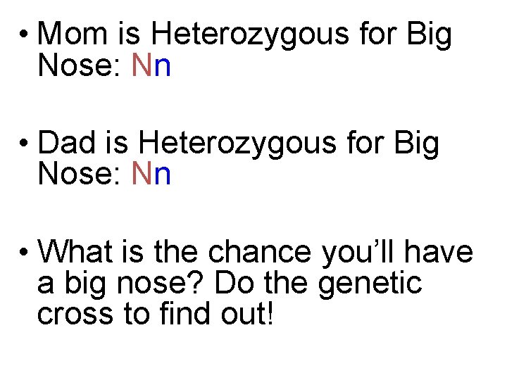  • Mom is Heterozygous for Big Nose: Nn • Dad is Heterozygous for