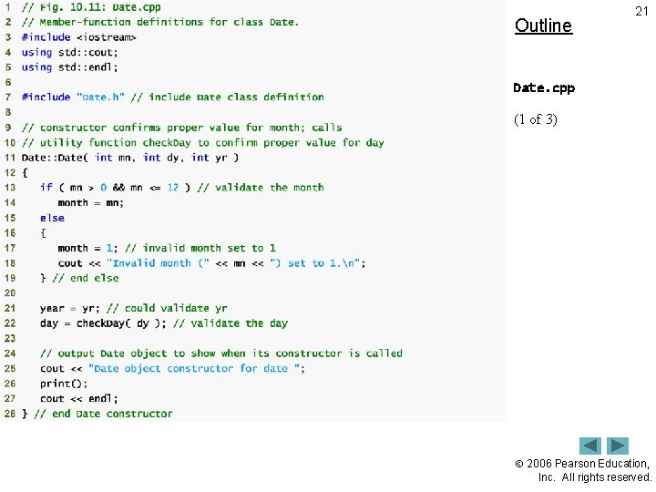 Outline 21 Date. cpp (1 of 3) 2006 Pearson Education, Inc. All rights reserved.