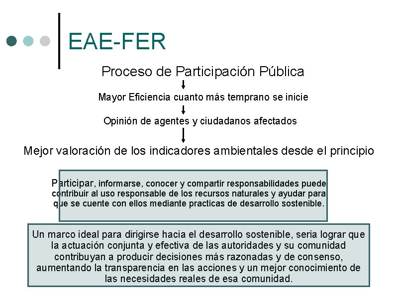 EAE-FER Proceso de Participación Pública Mayor Eficiencia cuanto más temprano se inicie Opinión de