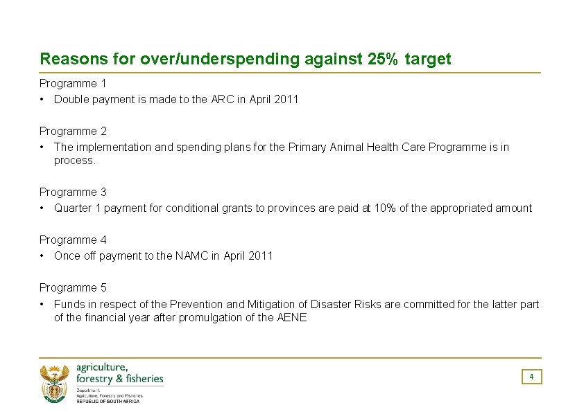 Reasons for over/underspending against 25% target Programme 1 • Double payment is made to