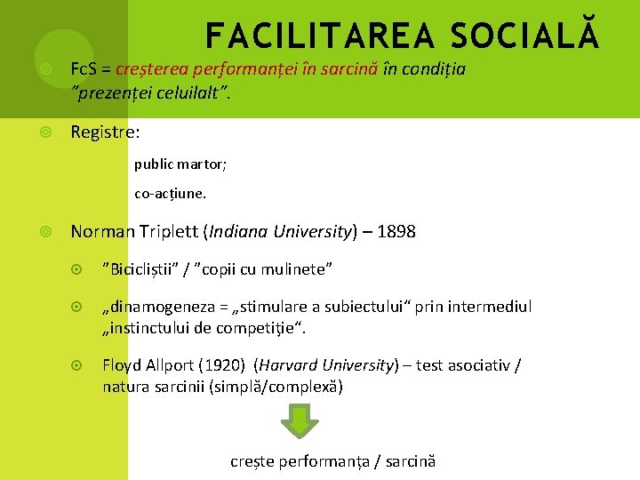 FACILITAREA SOCIALĂ Fc. S = creșterea performanței în sarcină în condiția ”prezenței celuilalt”. Registre: