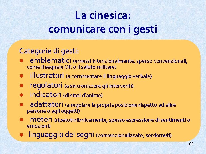 La cinesica: comunicare con i gesti Categorie di gesti: l emblematici (emessi intenzionalmente, spesso