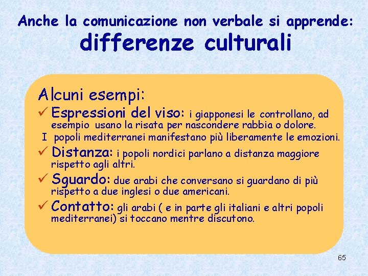 Anche la comunicazione non verbale si apprende: differenze culturali Alcuni esempi: ü Espressioni del
