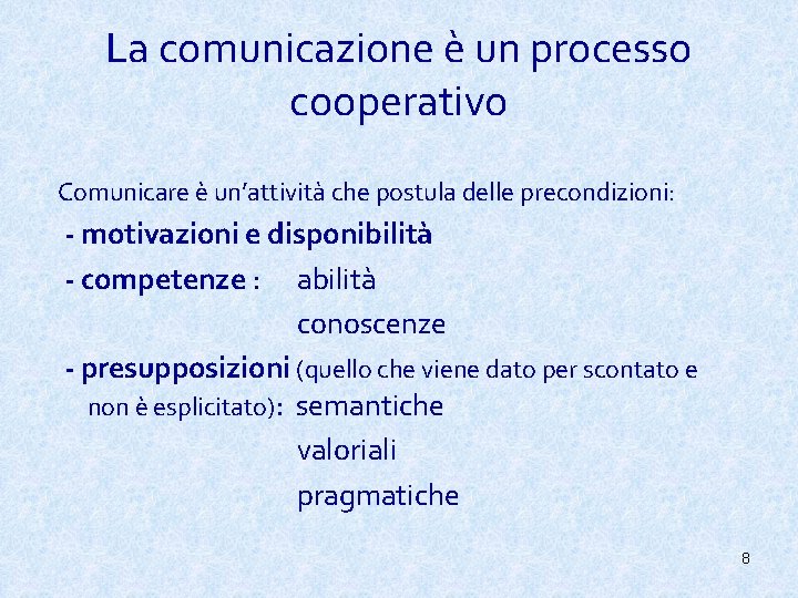 La comunicazione è un processo cooperativo Comunicare è un’attività che postula delle precondizioni: -