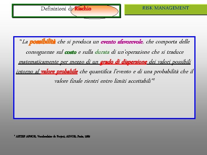 Definizioni di Rischio RISK MANAGEMENT “La possibilità che si produca un evento sfavorevole, che Definizioni di Rischio RISK MANAGEMENT “La possibilità che si produca un evento sfavorevole, che