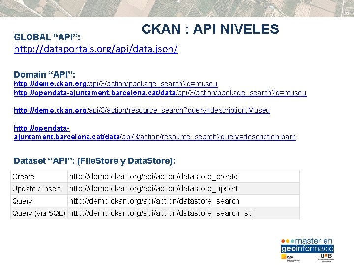 GLOBAL “API”: CKAN : API NIVELES http: //dataportals. org/api/data. json/ Domain “API”: http: //demo.