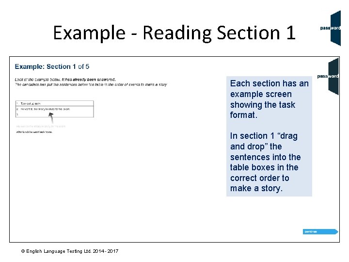 Example - Reading Section 1 Each section has an example screen showing the task