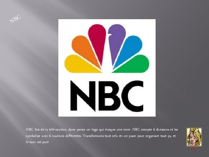 C B N NBC fait de la télé-couleur, donc pense un logo qui évoque