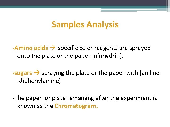 Samples Analysis -Amino acids Specific color reagents are sprayed onto the plate or the