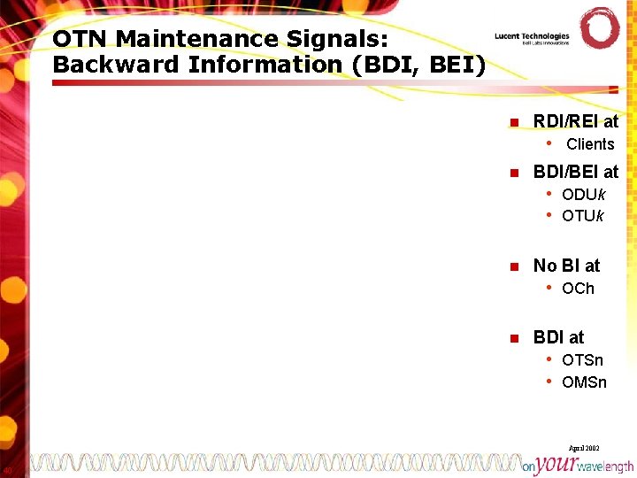 OTN Maintenance Signals: Backward Information (BDI, BEI) n RDI/REI at • Clients n BDI/BEI