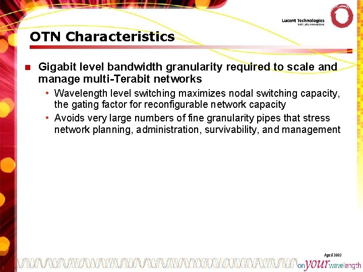 OTN Characteristics n Gigabit level bandwidth granularity required to scale and manage multi-Terabit networks