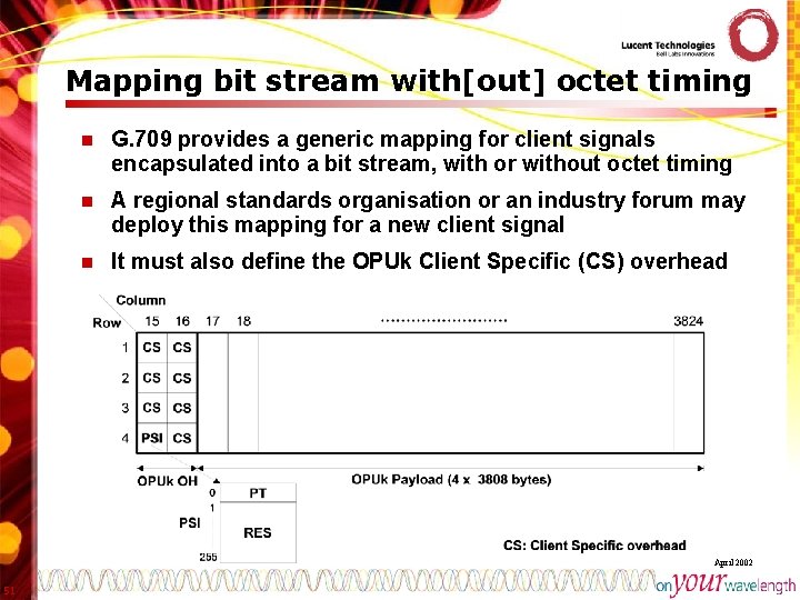 Mapping bit stream with[out] octet timing n G. 709 provides a generic mapping for