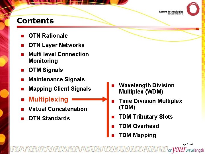 Contents n OTN Rationale n OTN Layer Networks n Multi level Connection Monitoring n