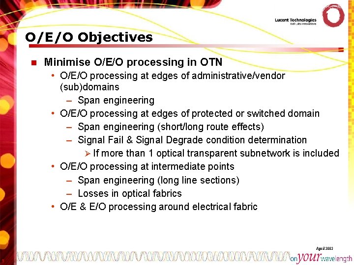 O/E/O Objectives n Minimise O/E/O processing in OTN • O/E/O processing at edges of