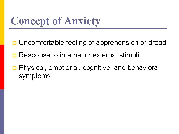 Concept of Anxiety p Uncomfortable feeling of apprehension or dread p Response to internal