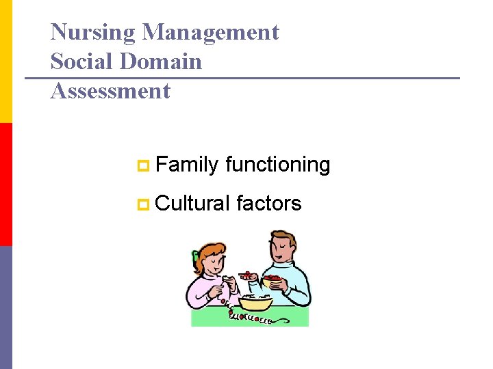 Nursing Management Social Domain Assessment p Family functioning p Cultural factors 