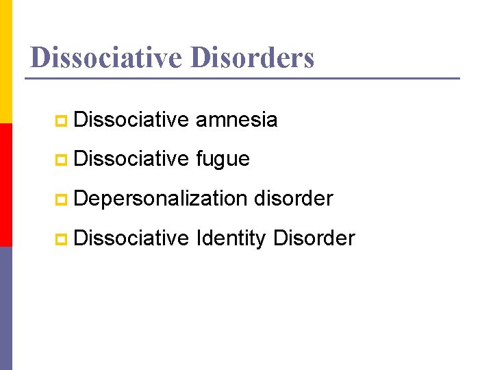 Dissociative Disorders p Dissociative amnesia p Dissociative fugue p Depersonalization p Dissociative disorder Identity