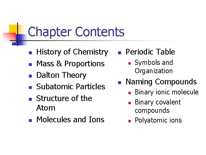 Chapter Contents n n n History of Chemistry Mass & Proportions Dalton Theory Subatomic