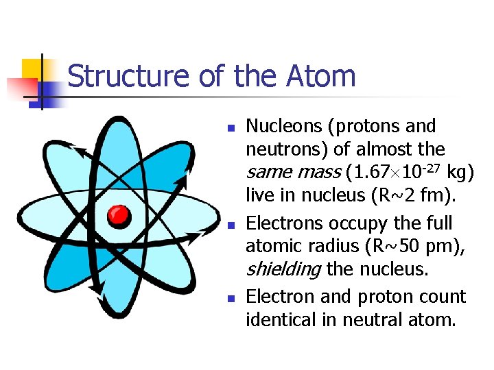 Structure of the Atom n n n Nucleons (protons and neutrons) of almost the