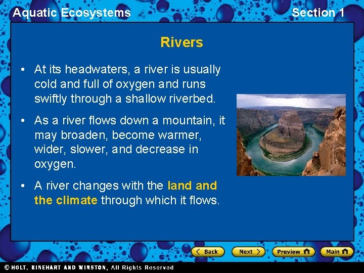 Aquatic Ecosystems Section 1 Rivers • At its headwaters, a river is usually cold
