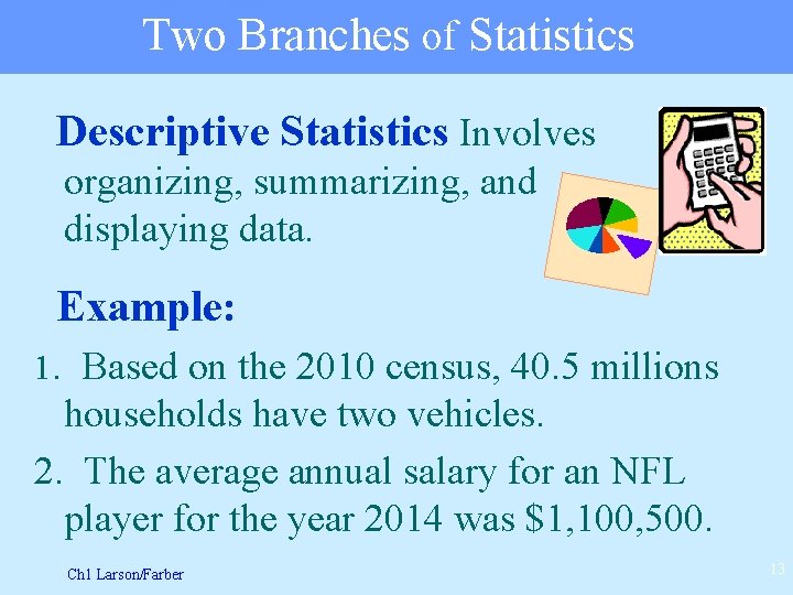 Two Branches of Statistics Descriptive Statistics Involves organizing, summarizing, and displaying data. Example: 1.