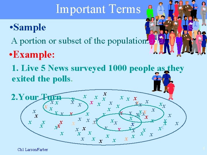 Important Terms • Sample A portion or subset of the population. • Example: 1.
