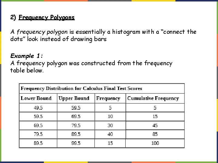 2) Frequency Polygons A frequency polygon is essentially a histogram with a “connect the 2) Frequency Polygons A frequency polygon is essentially a histogram with a “connect the