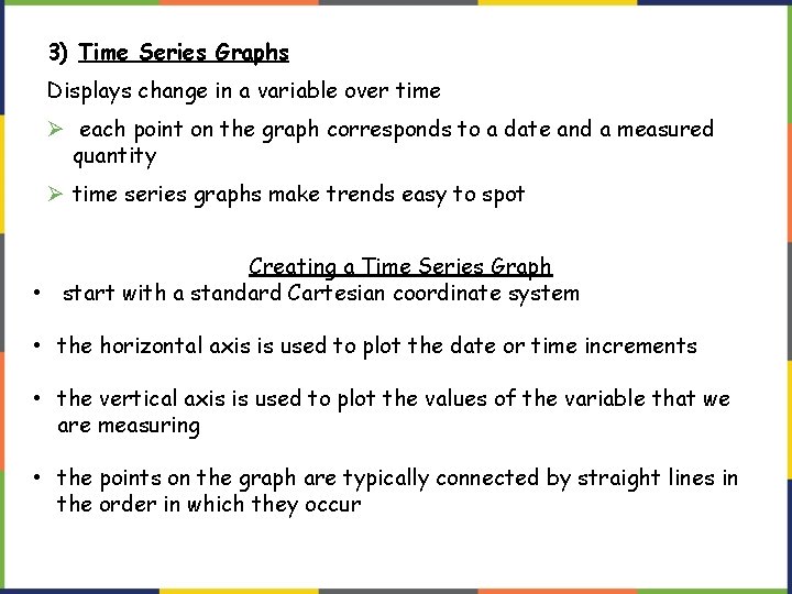 3) Time Series Graphs Displays change in a variable over time Ø each point 3) Time Series Graphs Displays change in a variable over time Ø each point