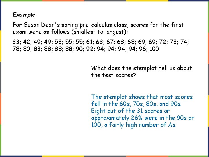 Example For Susan Dean's spring pre-calculus class, scores for the first exam were as Example For Susan Dean's spring pre-calculus class, scores for the first exam were as