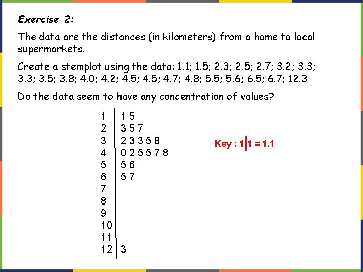 Exercise 2: The data are the distances (in kilometers) from a home to local Exercise 2: The data are the distances (in kilometers) from a home to local