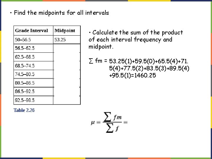 • Find the midpoints for all intervals • Calculate the sum of the • Find the midpoints for all intervals • Calculate the sum of the