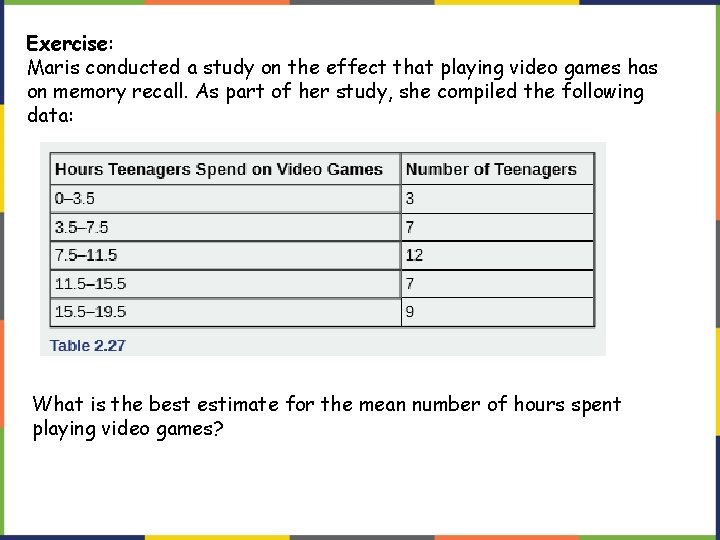 Exercise: Maris conducted a study on the effect that playing video games has on Exercise: Maris conducted a study on the effect that playing video games has on