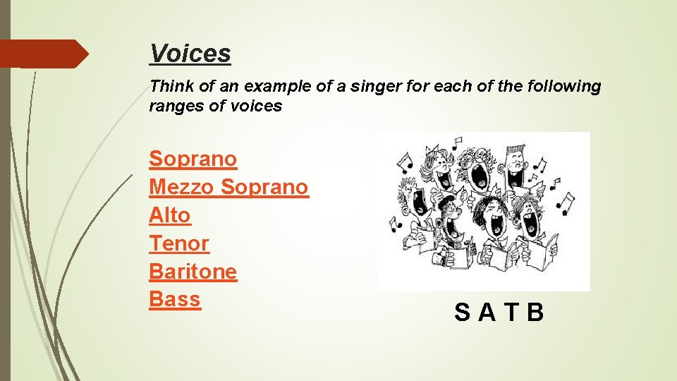 Voices Think of an example of a singer for each of the following ranges