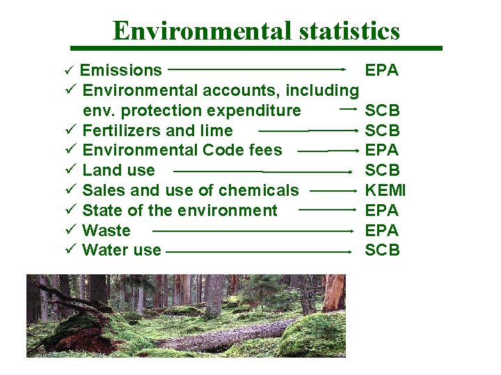 Environmental statistics ü Emissions EPA ü Environmental accounts, including env. protection expenditure ü Fertilizers