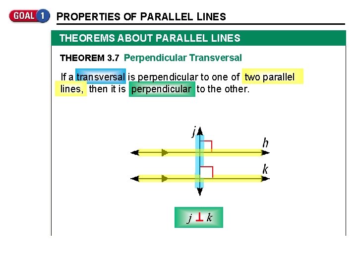 PROPERTIES OF PARALLEL LINES THEOREMS ABOUT PARALLEL LINES THEOREM 3. 7 Perpendicular Transversal If