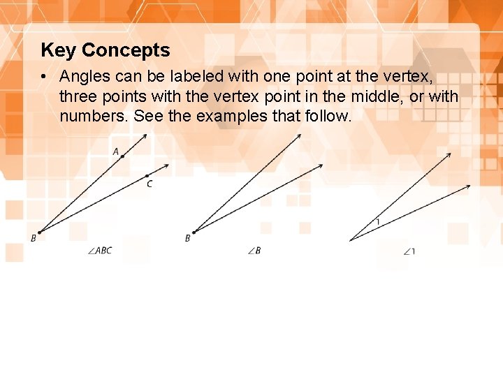 Key Concepts • Angles can be labeled with one point at the vertex, three