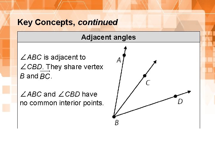 Key Concepts, continued Adjacent angles ∠ABC is adjacent to ∠CBD. They share vertex B