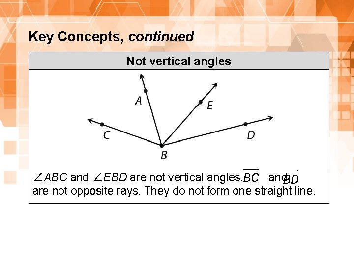 Key Concepts, continued Not vertical angles ∠ABC and ∠EBD are not vertical angles. and