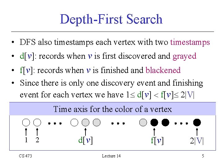 Depth-First Search • DFS also timestamps each vertex with two timestamps • d[v]: records