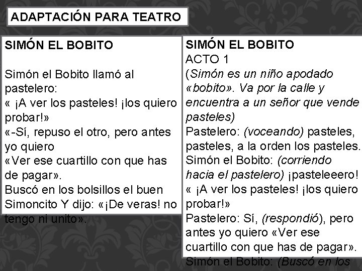 ADAPTACIÓN PARA TEATRO SIMÓN EL BOBITO ACTO 1 (Simón es un niño apodado Simón