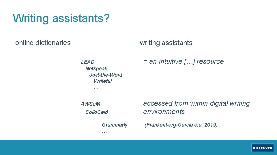 Writing assistants? online dictionaries writing assistants LEAD Netspeak Just-the-Word Writeful … = an intuitive