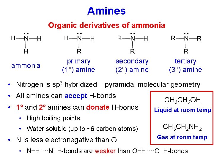 Amines Organic derivatives of ammonia primary (1°) amine secondary (2°) amine tertiary (3°) amine