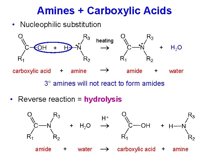 Amines + Carboxylic Acids • Nucleophilic substitution heating + carboxylic acid + amine +