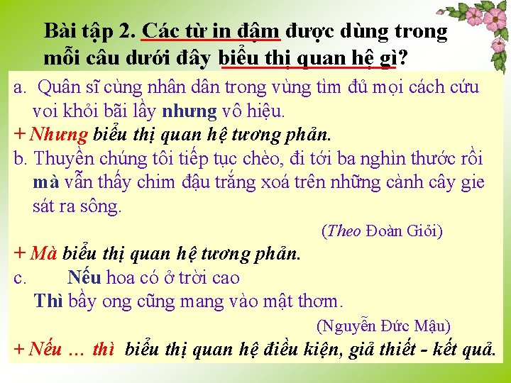 Bài tập 2. Các từ in đậm được dùng trong mỗi câu dưới đây