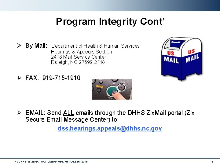 Program Integrity Cont’ Ø By Mail: Department of Health & Human Services Hearings &