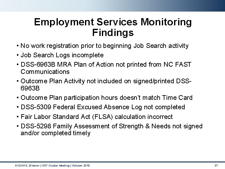 Employment Services Monitoring Findings • No work registration prior to beginning Job Search activity